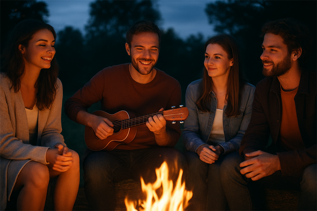 Vier Personen am Lagerfeuer, davon ein Ukulelenspieler